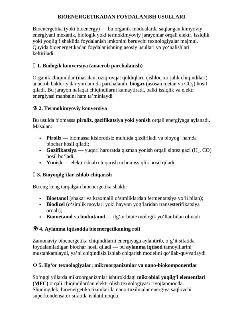 BIOENERGETIKADAN FOYDALANISH USULLARI