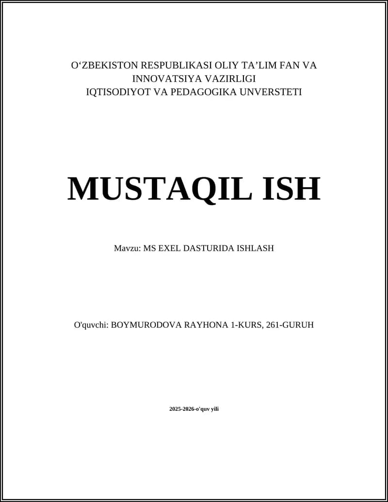MS EXEL DASTURIDA ISHLASH