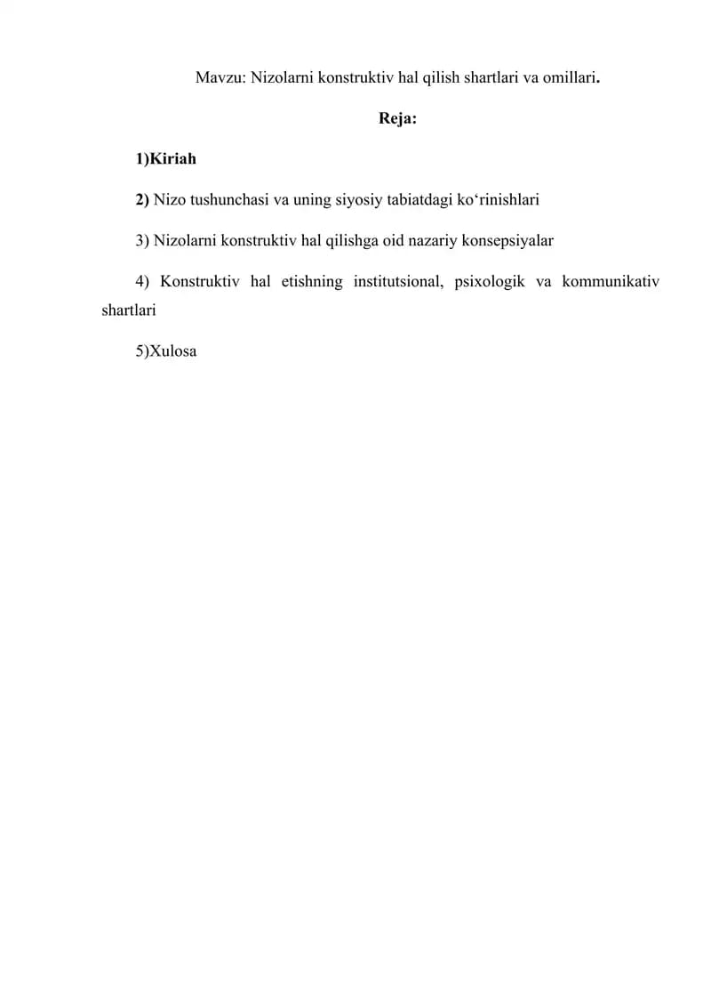 Nizolarni konstruktiv hal qilish shartlari va omillari.