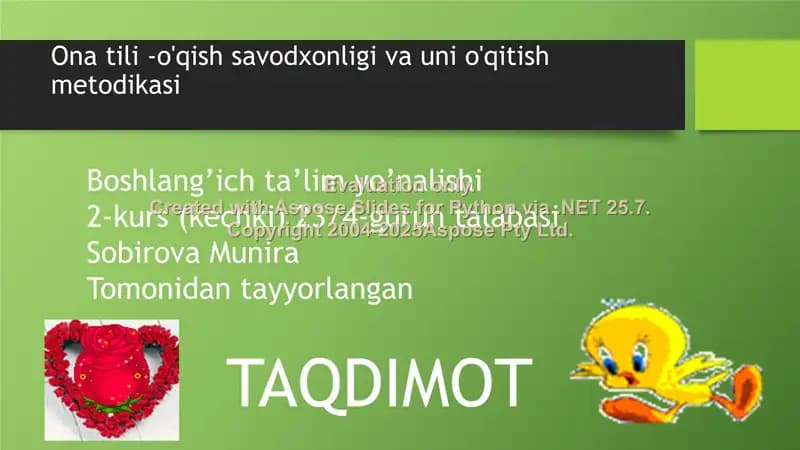 Ona tili - o'qish savodxonligi va uni o'qitish metodikasi