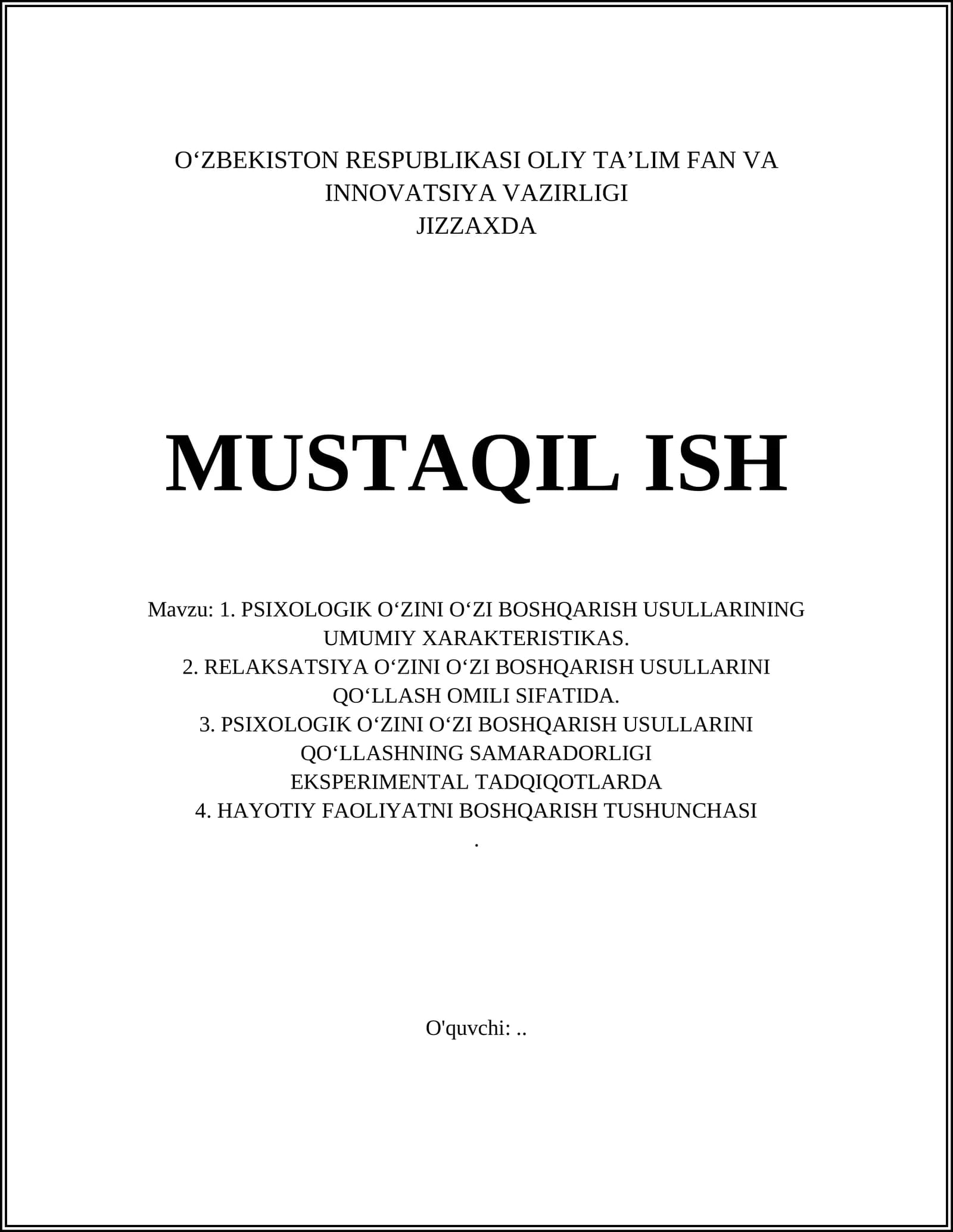 Psixologik o‘zini o‘zi boshqarish usullari