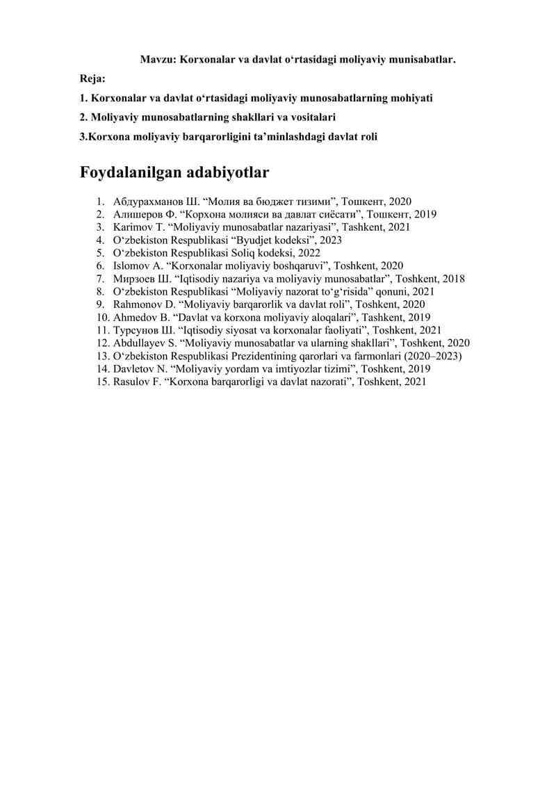 Korxonalar va davlat oʻrtasidagi moliyaviy munisabatlar.