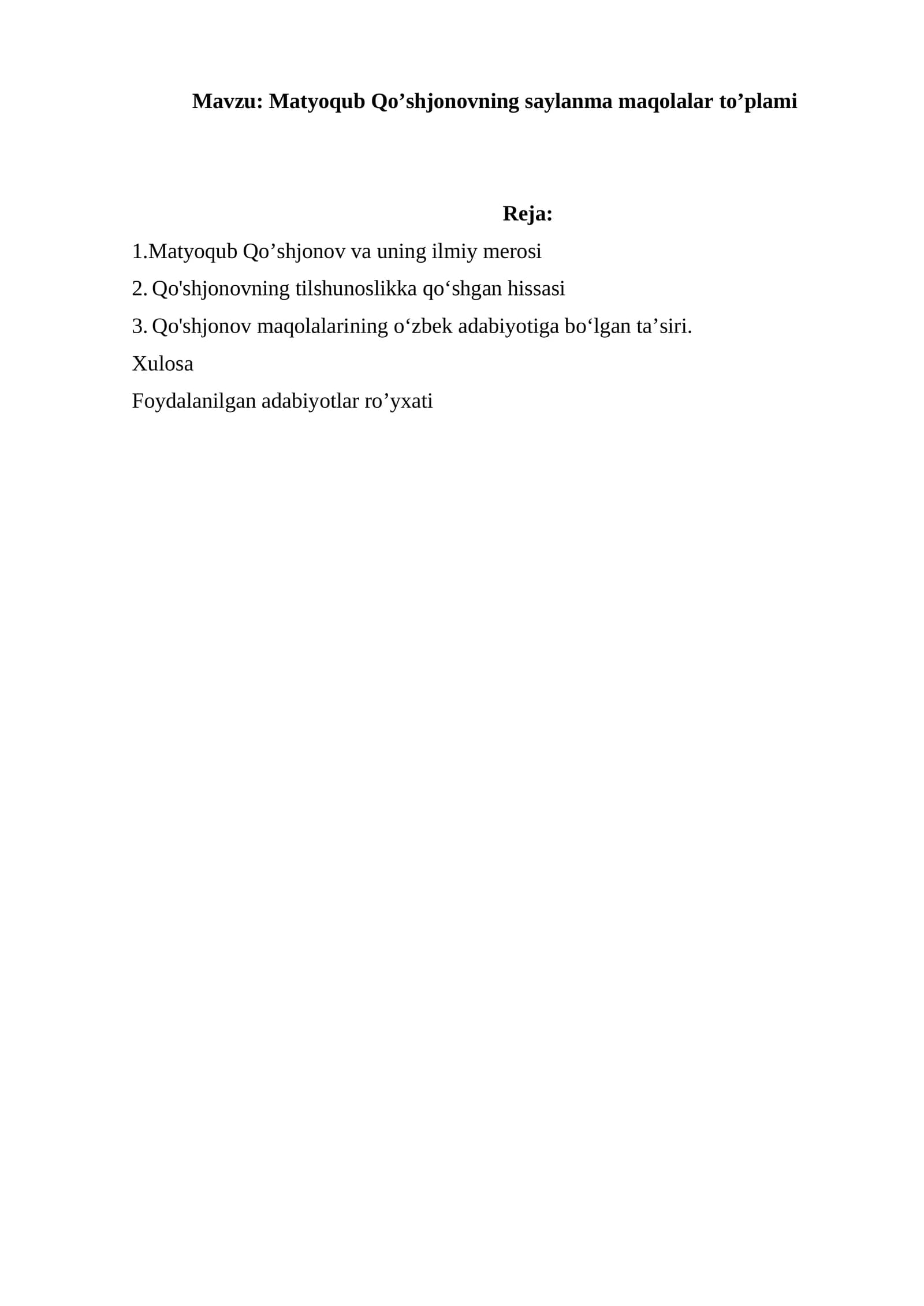 Matyoqub Qo’shjonovning saylanma maqolalar to’plami