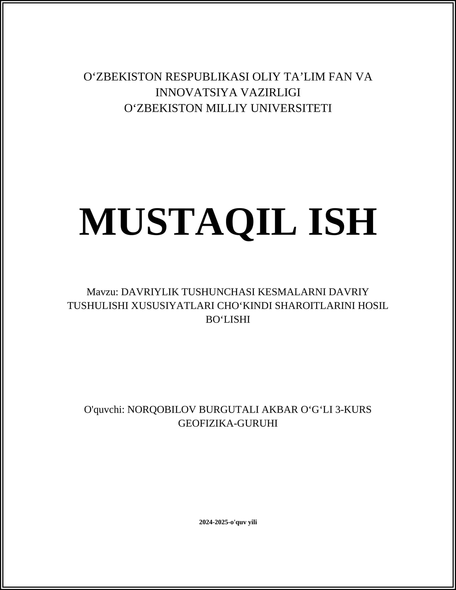 DAVRIYLIK TUSHUNCHASI KESMALARNI DAVRIY TUSHULISHI XUSUSIYATLARI CHOʻKINDI SHAROITLARINI HOSIL BOʻLISHI
