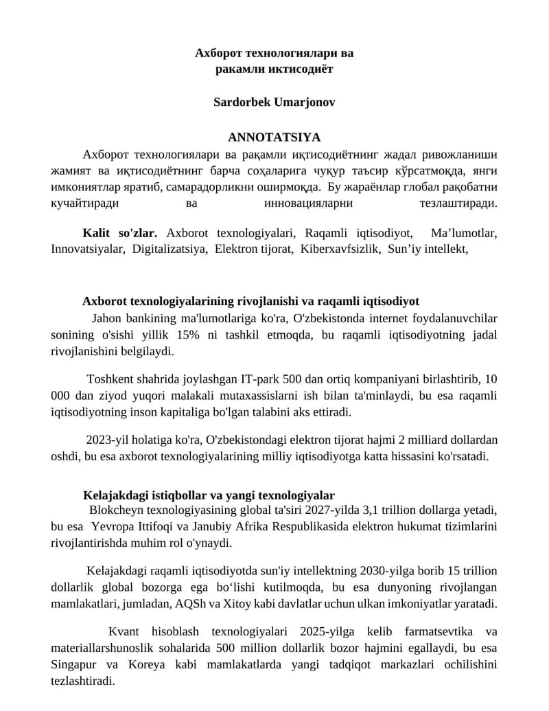 Axborot texnologiyalari va raqamli iqtisodiyot