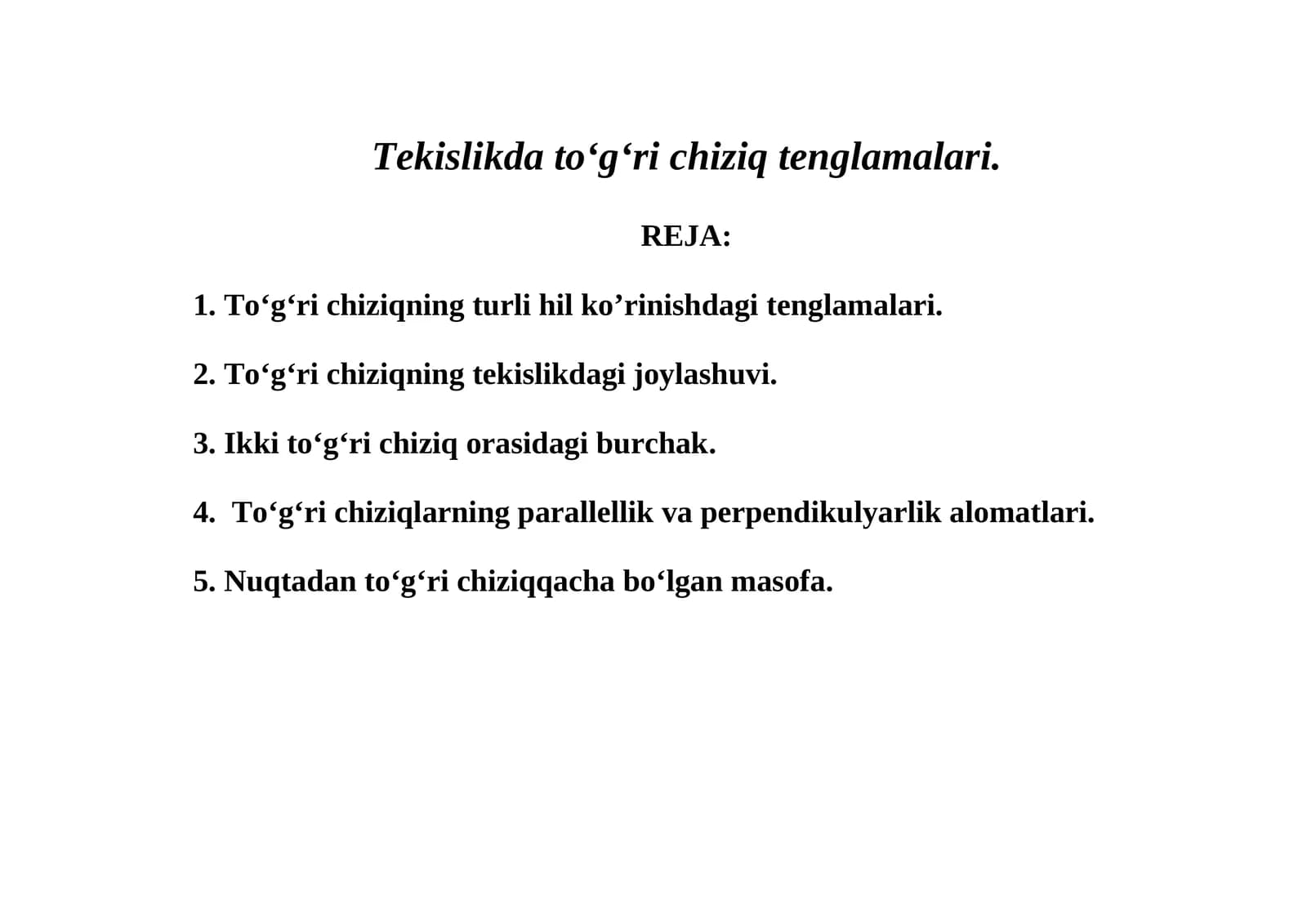 To'g'ri chiziqning tekislikdagi joylashuvi