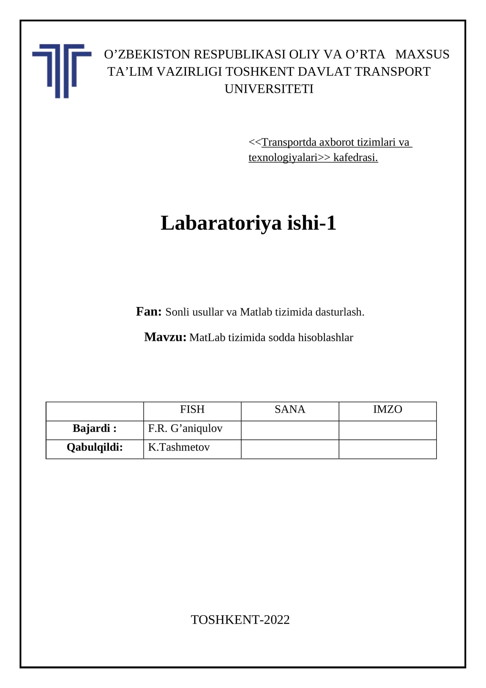 MatLab tizimida sodda hisoblashlar