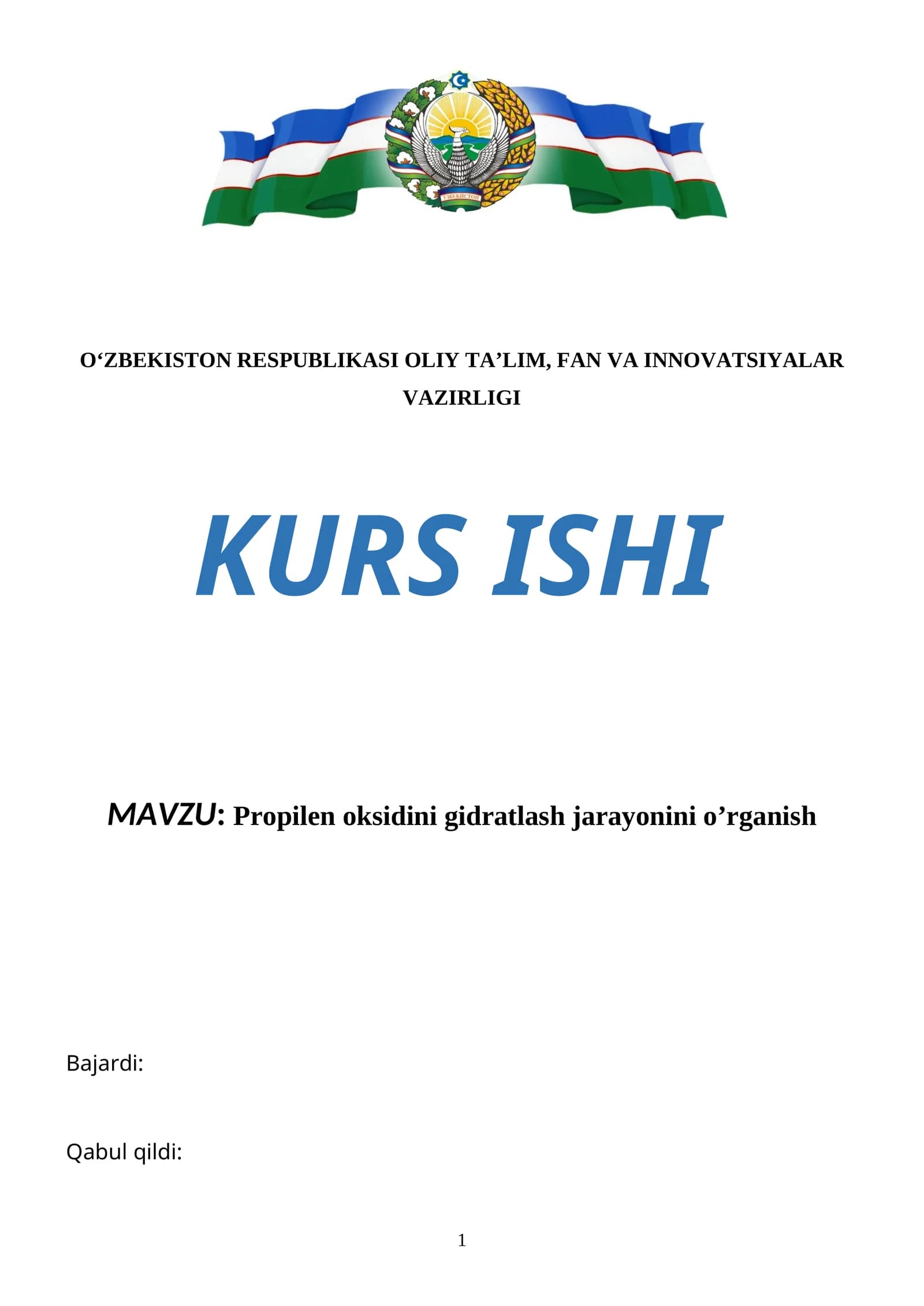 Propilen oksidini gidratlash jarayonini o’rganish