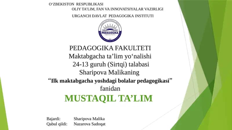 Mashg‘ulotga tarbiyachining innovatsion yondashuvi