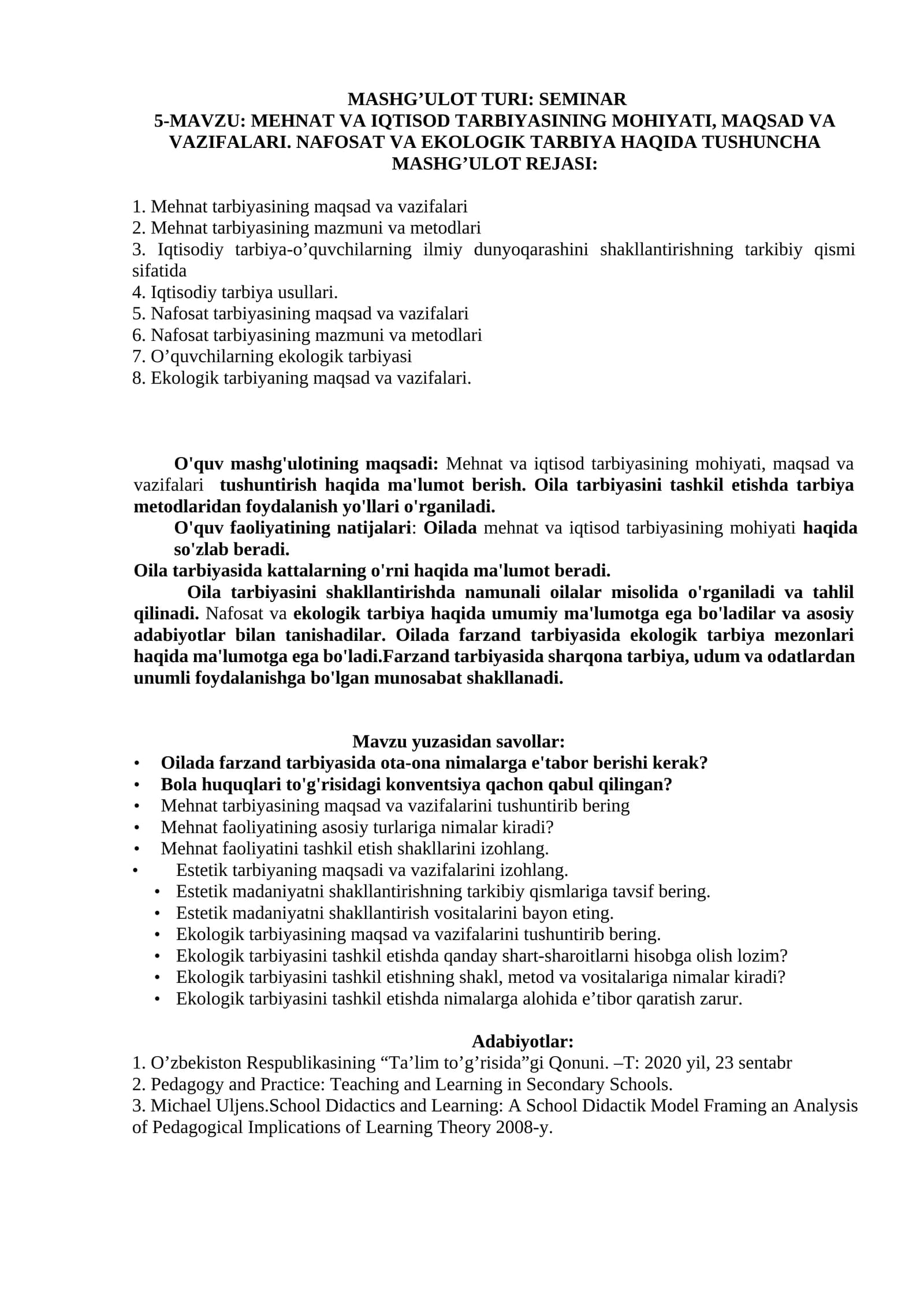 MEHNAT VA IQTISOD TARBIYASINING MOHIYATI, MAQSAD VA VAZIFALARI. NAFOSAT VA EKOLOGIK TARBIYA HAQIDA TUSHUNCHA