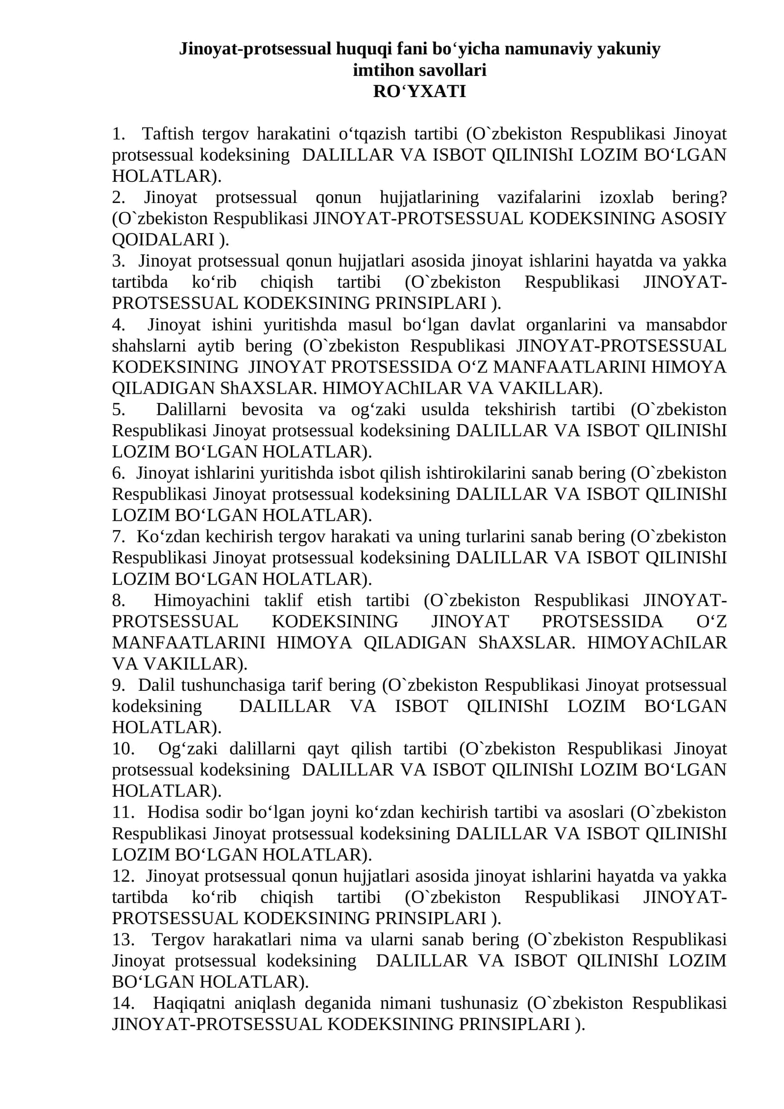 Jinoyat-protsessual huquqi fani bo‘yicha namunaviy yakuniy imtihon savollari