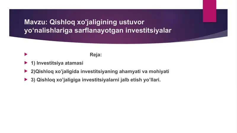 Qishloq xo'jaligining ustuvor yo‘nalishlariga sarflanayotgan investitsiyalar