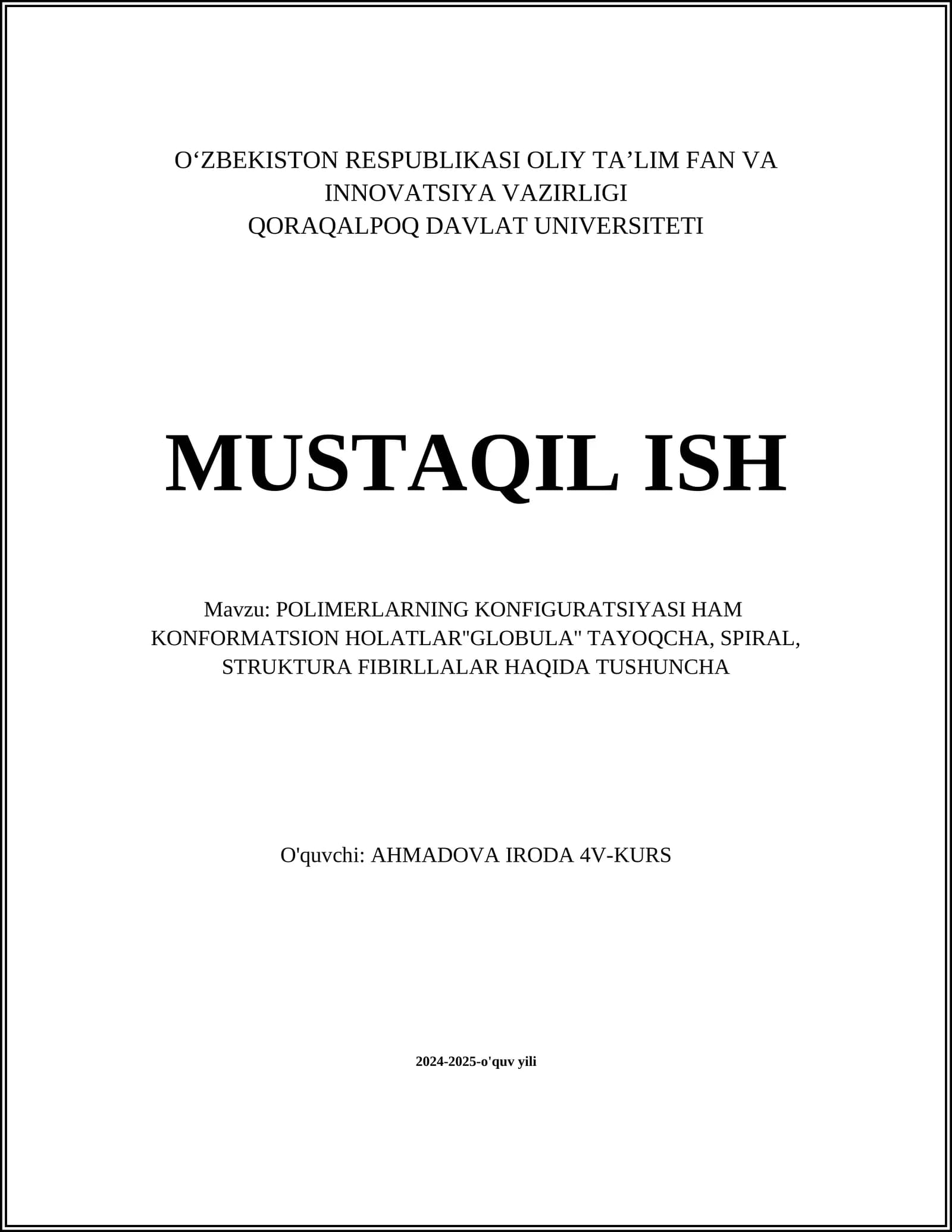 POLIMERLARNING KONFIGURATSIYASI HAM KONFORMATSION HOLATLAR