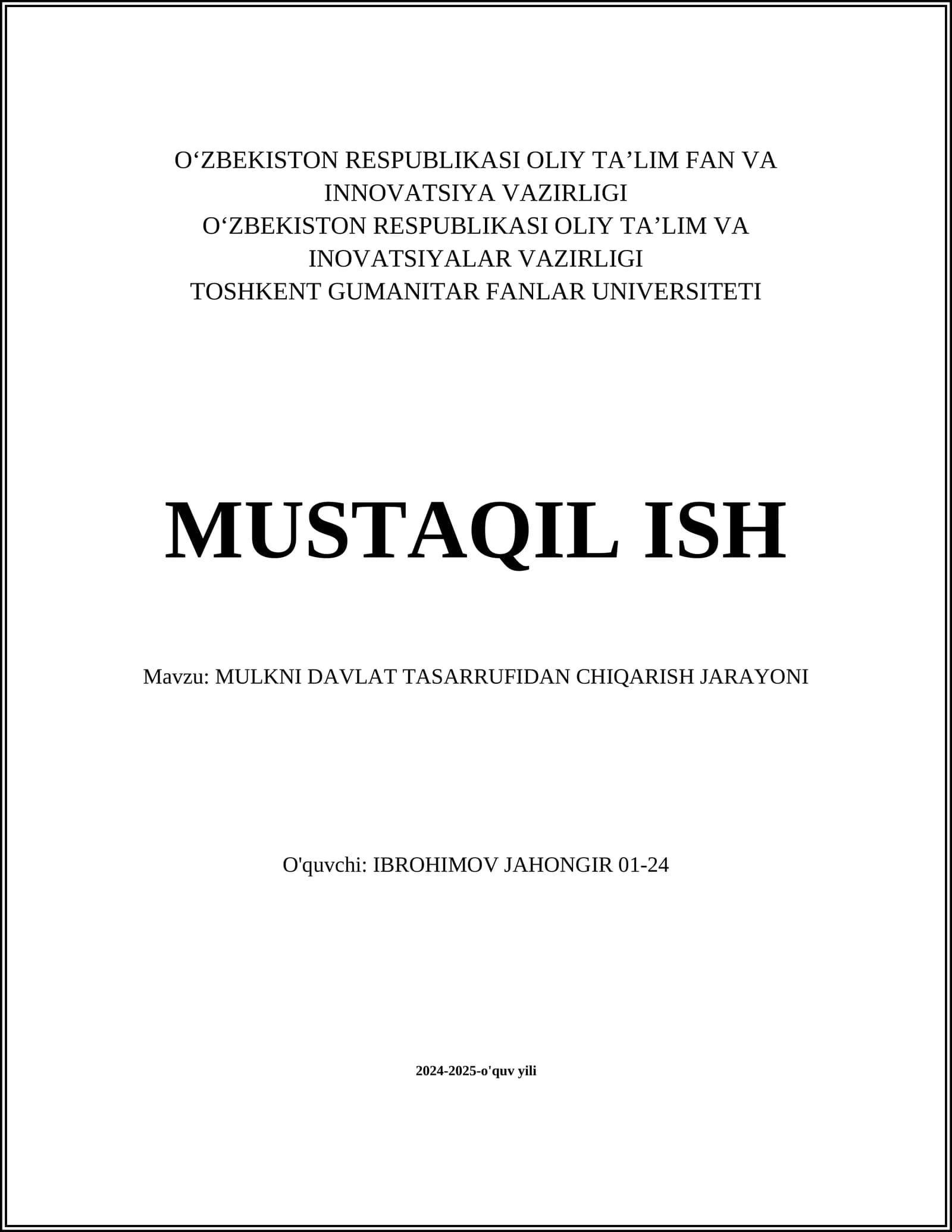 MULKNI DAVLAT TASARRUFIDAN CHIQARISH JARAYONI
