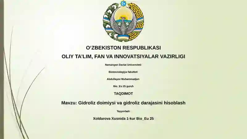 Gidroliz doimiysi va gidroliz darajasini hisoblash