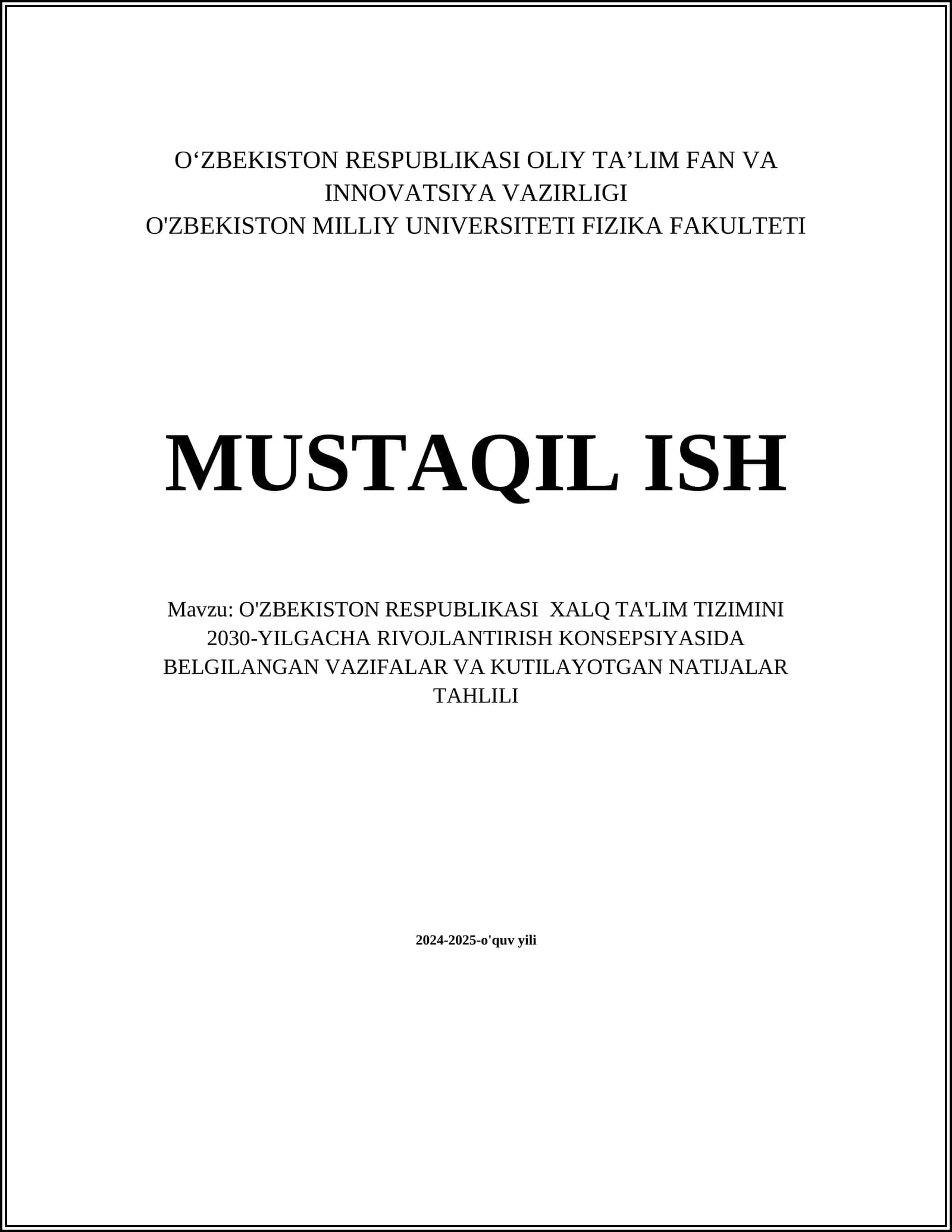 O'zbekiston Respublikasi Xalq Ta'lim Tizimini 2030-yilgacha Rivojlantirish Konsepsiyasida Belgilangan Vazifalar va Kutilayotgan Natijalar Tahlili