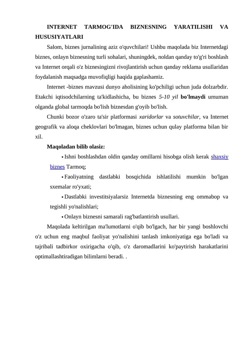 INTERNET TARMOG'IDA BIZNESNING YARATILISHI VA HUSUSIYATLARI