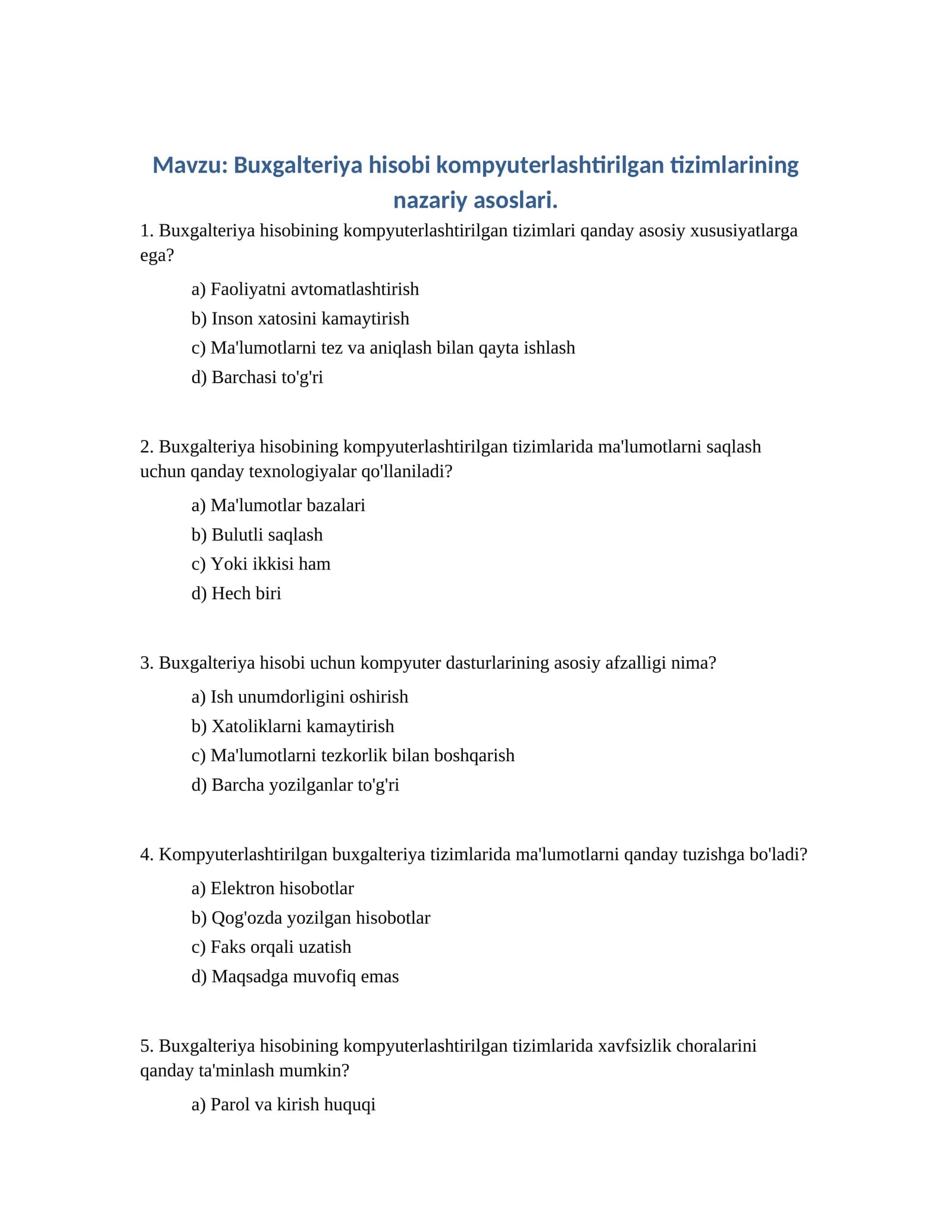 Buxgalteriya hisobi kompyuterlashtirilgan tizimlarining nazariy asoslari
