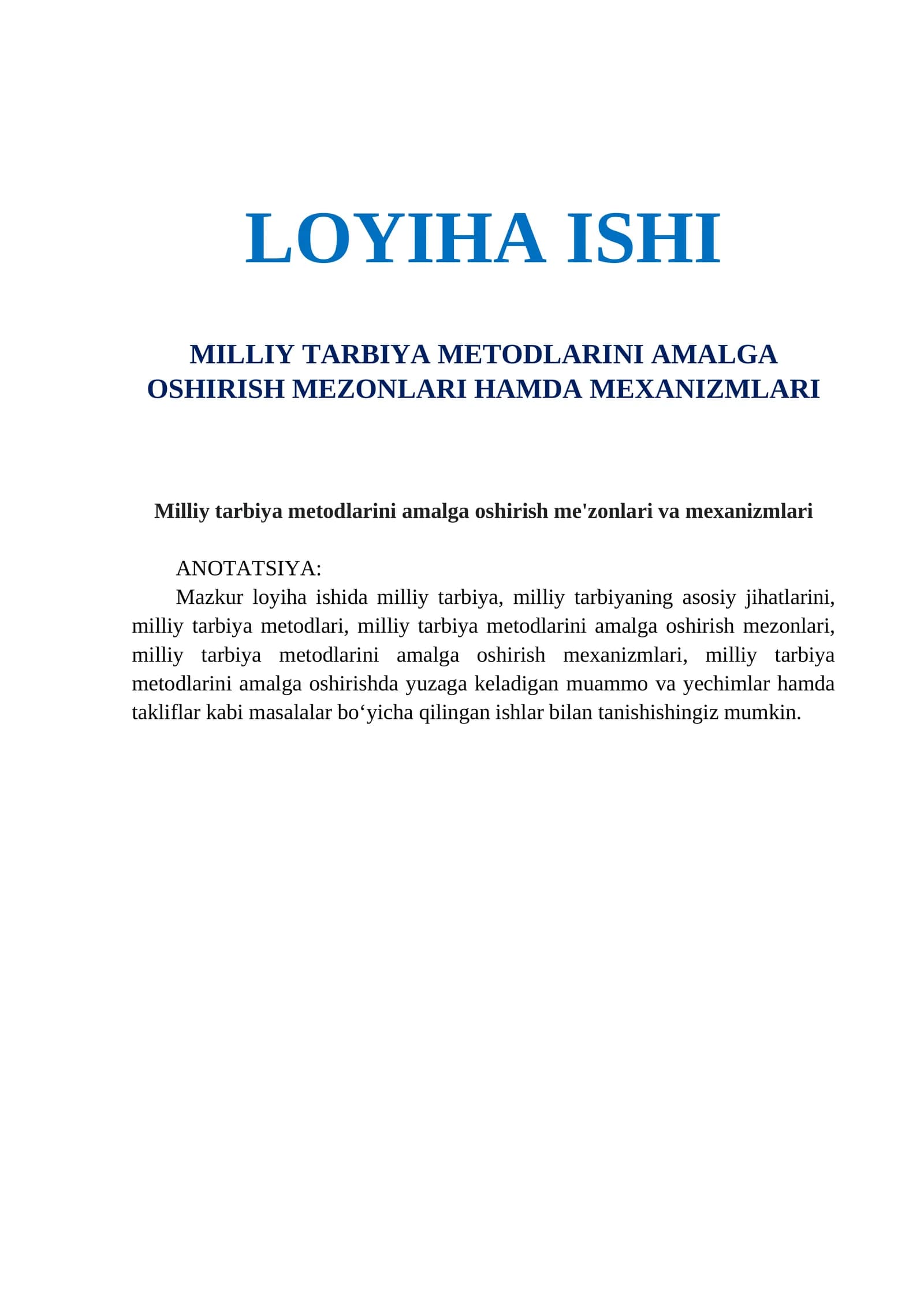MILLIY TARBIYA METODLARINI AMALGA OSHIRISH MEZONLARI HAMDA MEXANIZMLARI