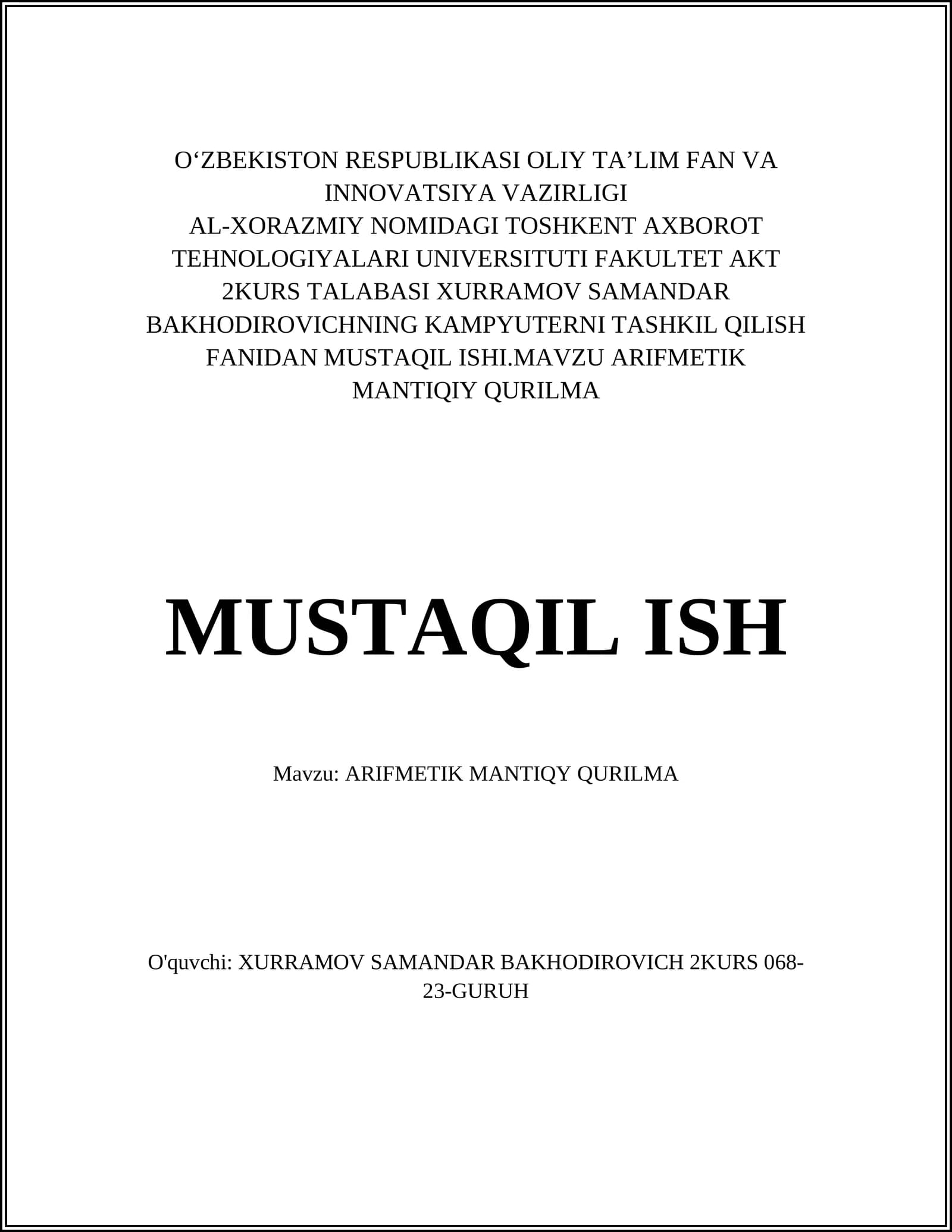 ARIFMETIK MANTIQIY QURILMA