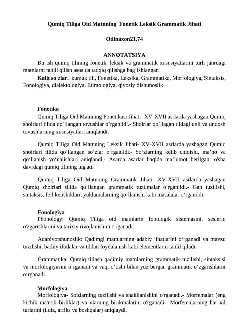 Qumiq Tiliga Oid Matnning Fonetik Leksik Grammatik Jihati
