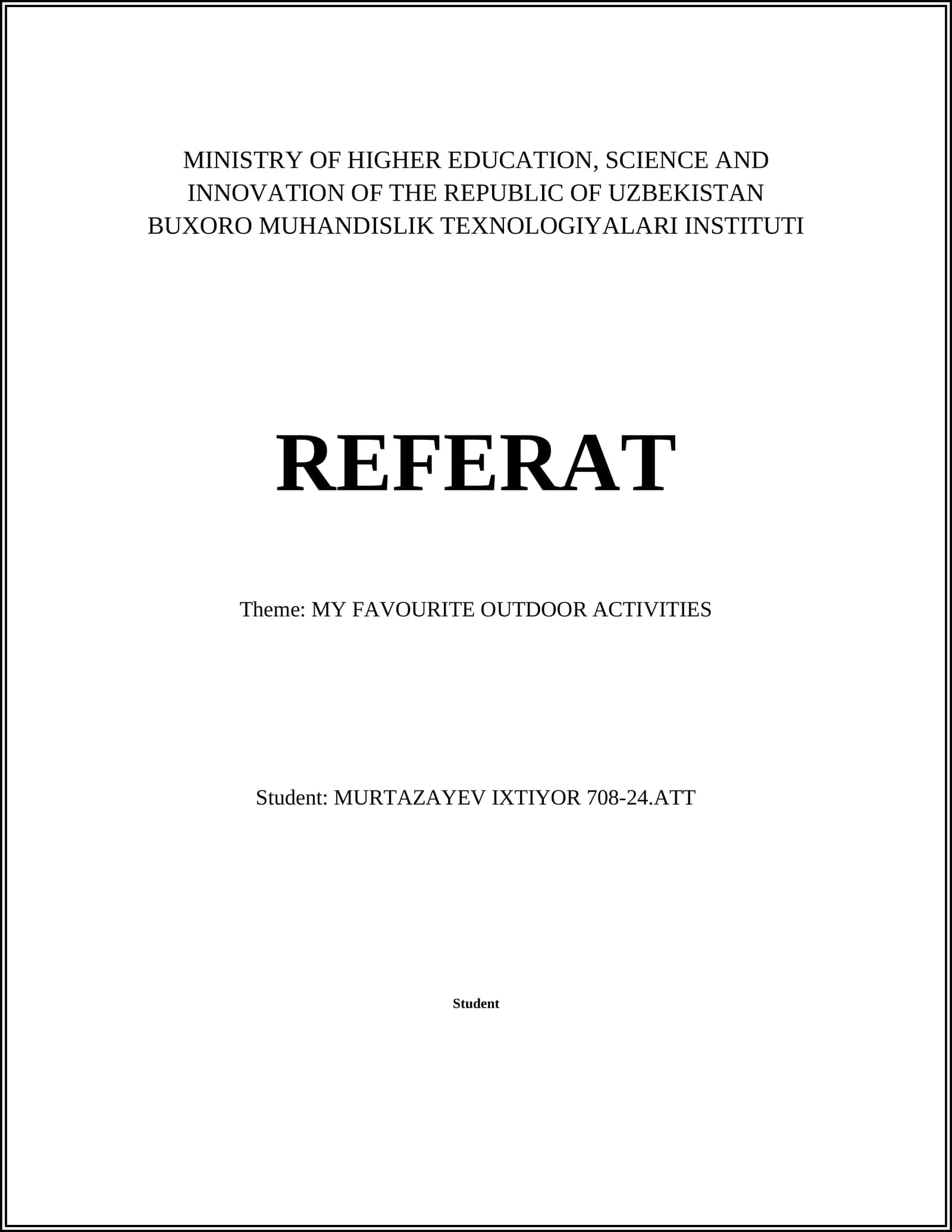 REFERAT - MY FAVOURITE OUTDOOR ACTIVITIES