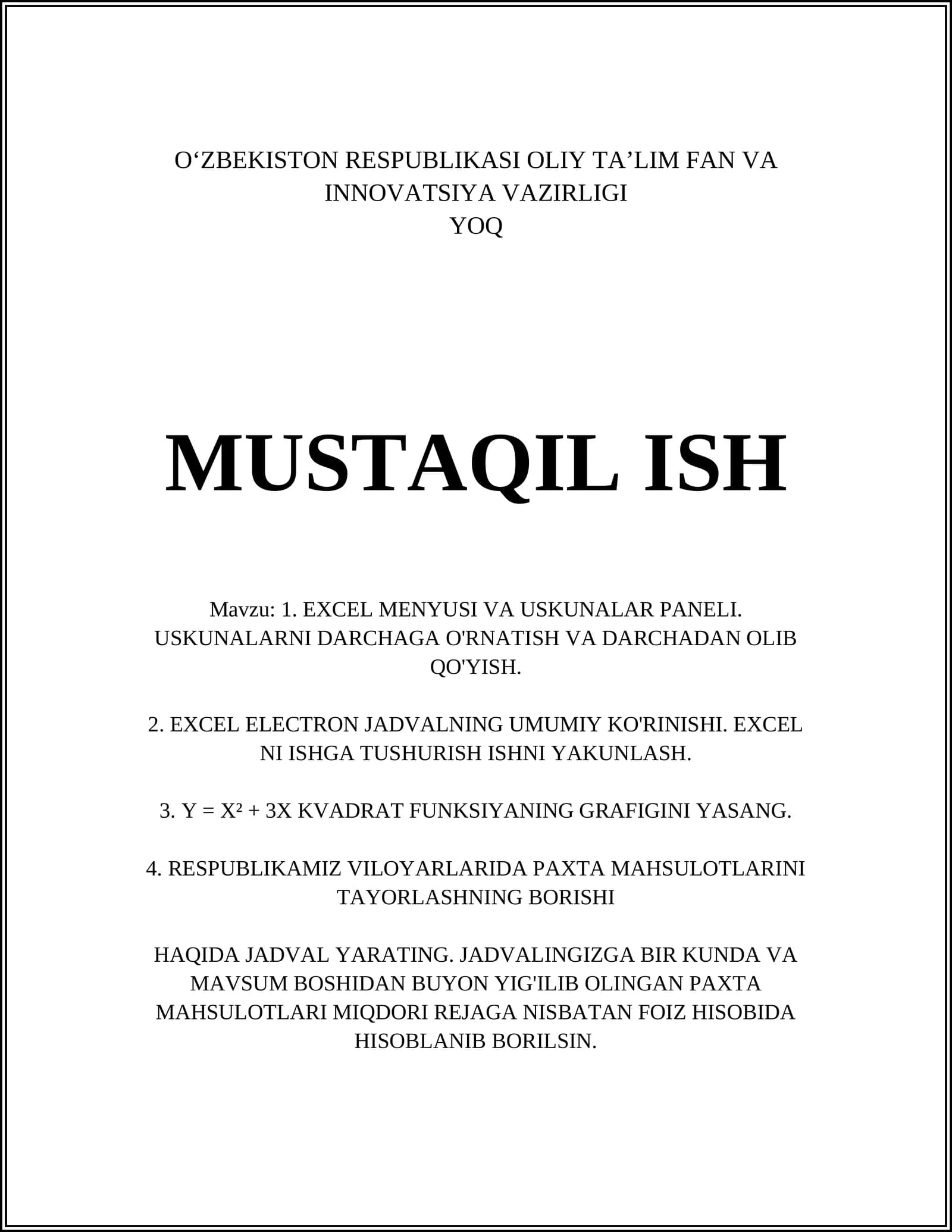 EXCEL MENYUSI VA USKUNALAR PANELI. USKUNALARNI DARCHAGA O'RNATISH VA DARCHADAN OLIB QO'YISH