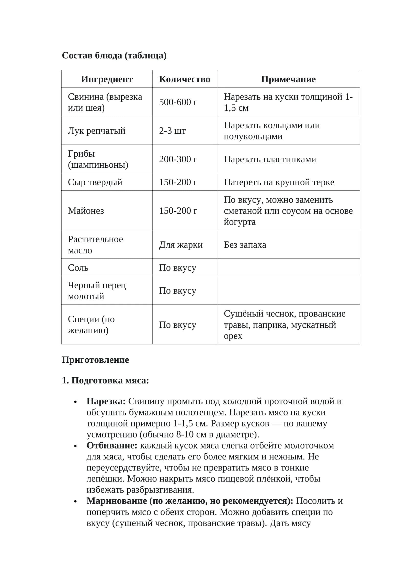 Состав блюда (таблица)