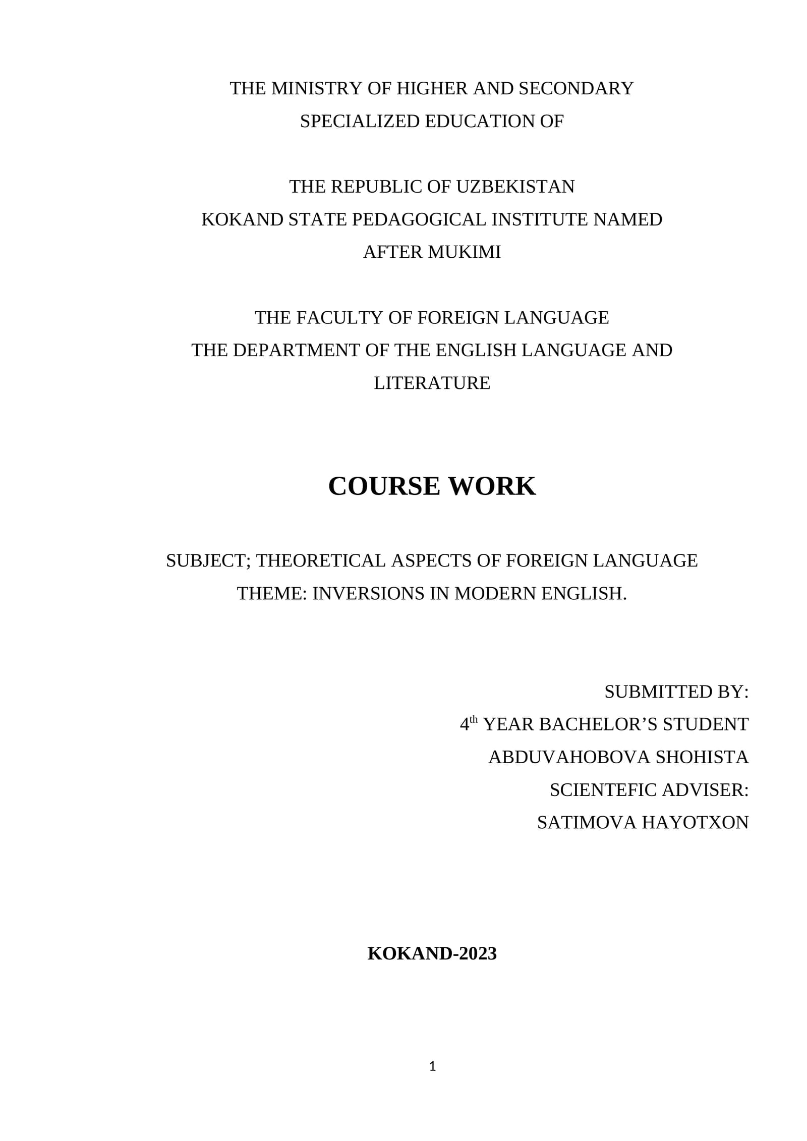 INVERSIONS IN MODERN ENGLISH.