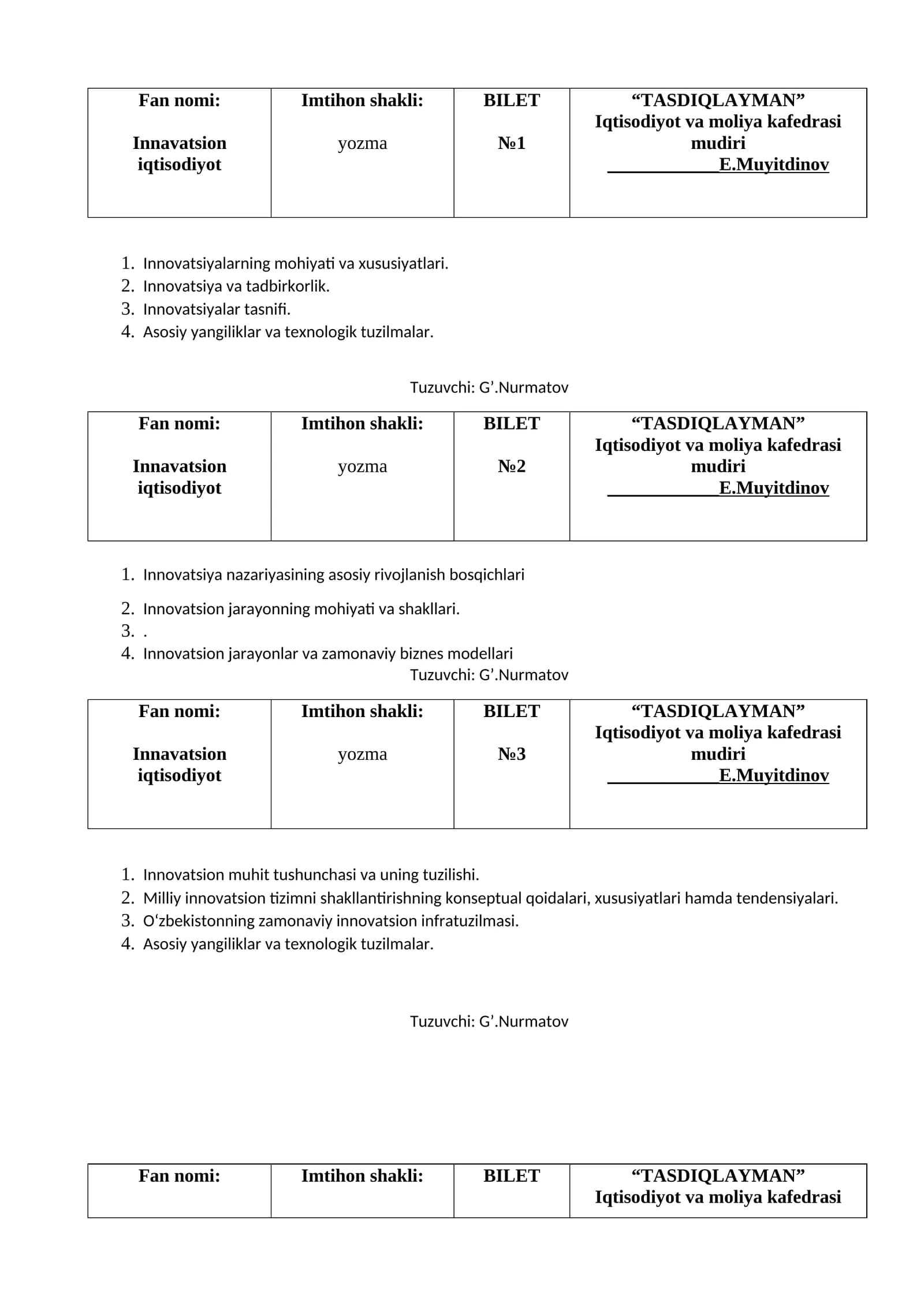 TASDIQLAYMAN - Innovatsion iqtisodiyot BILET
