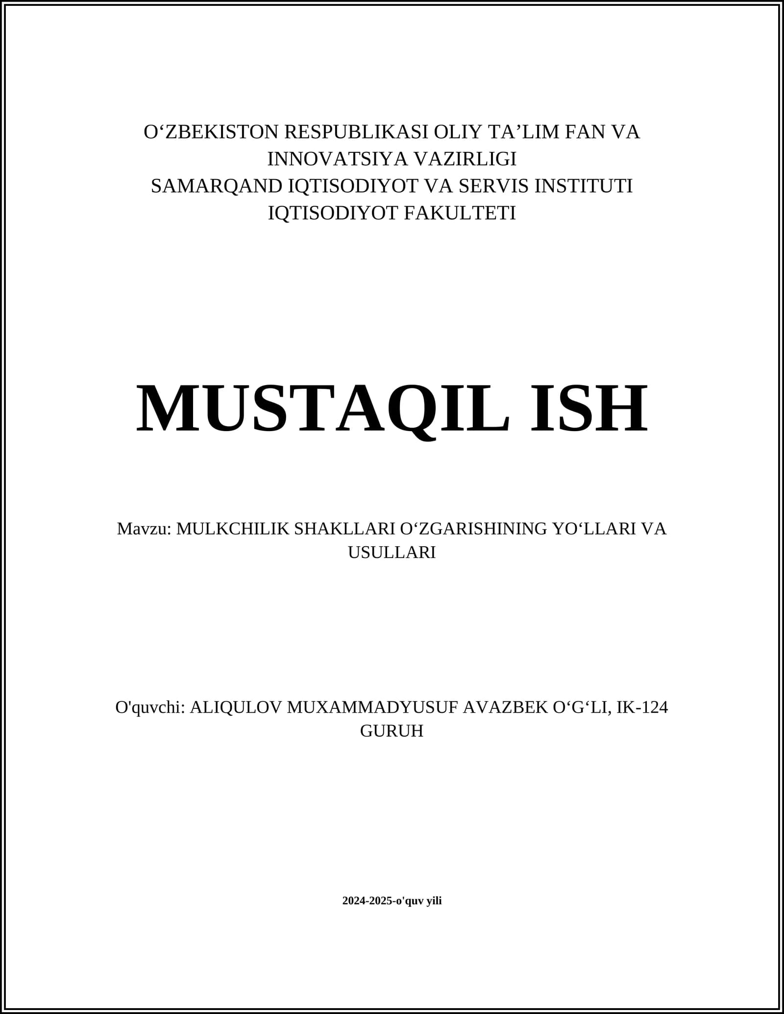 MULKCHILIK SHAKLLARI OʻZGARISHINING YOʻLLARI VA USULLARI