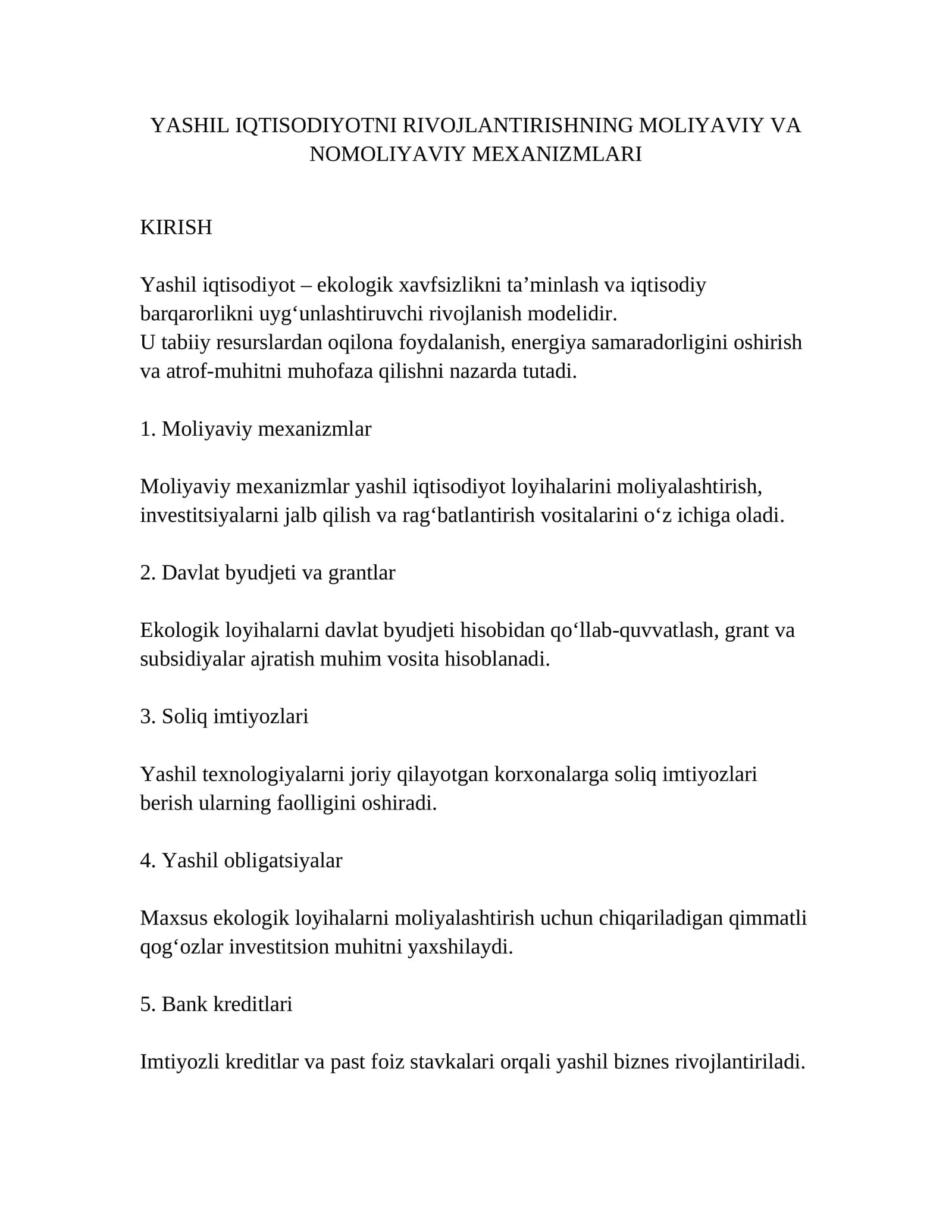YASHIL IQTISODIYOTNI RIVOJLANTIRISHNING MOLIYAVIY VA NOMOLIYAVIY MEXANIZMLARI
