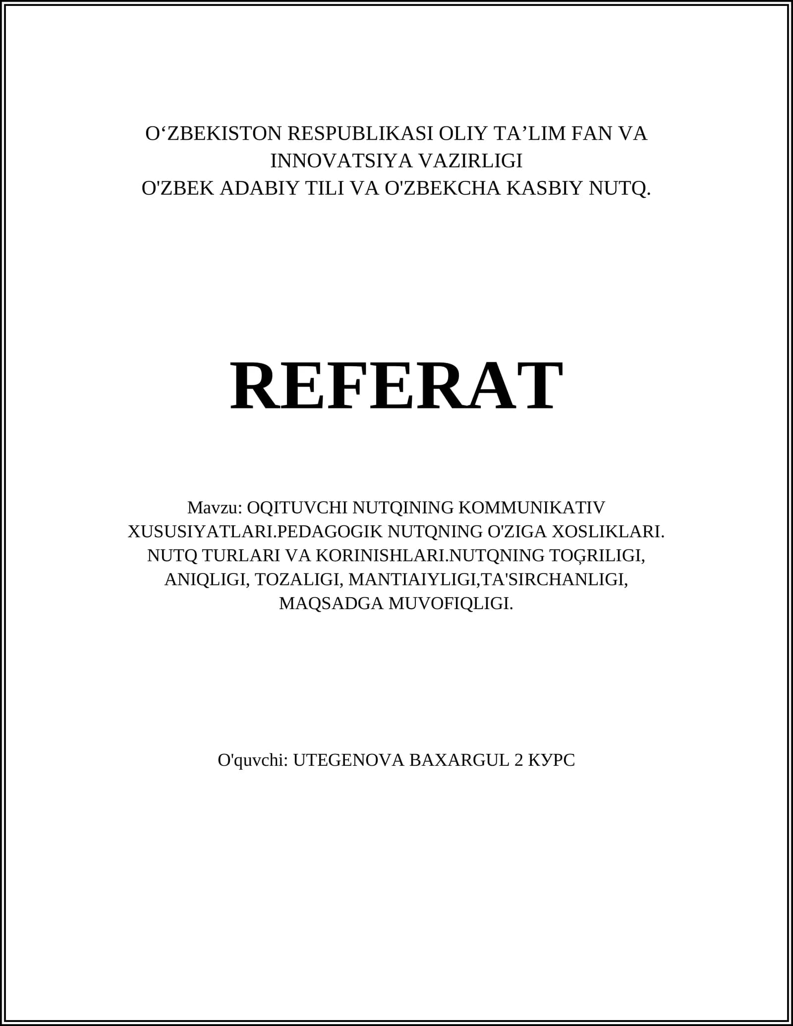 O'qituvchi Nutqining Kommunikativ Xususiyatlari