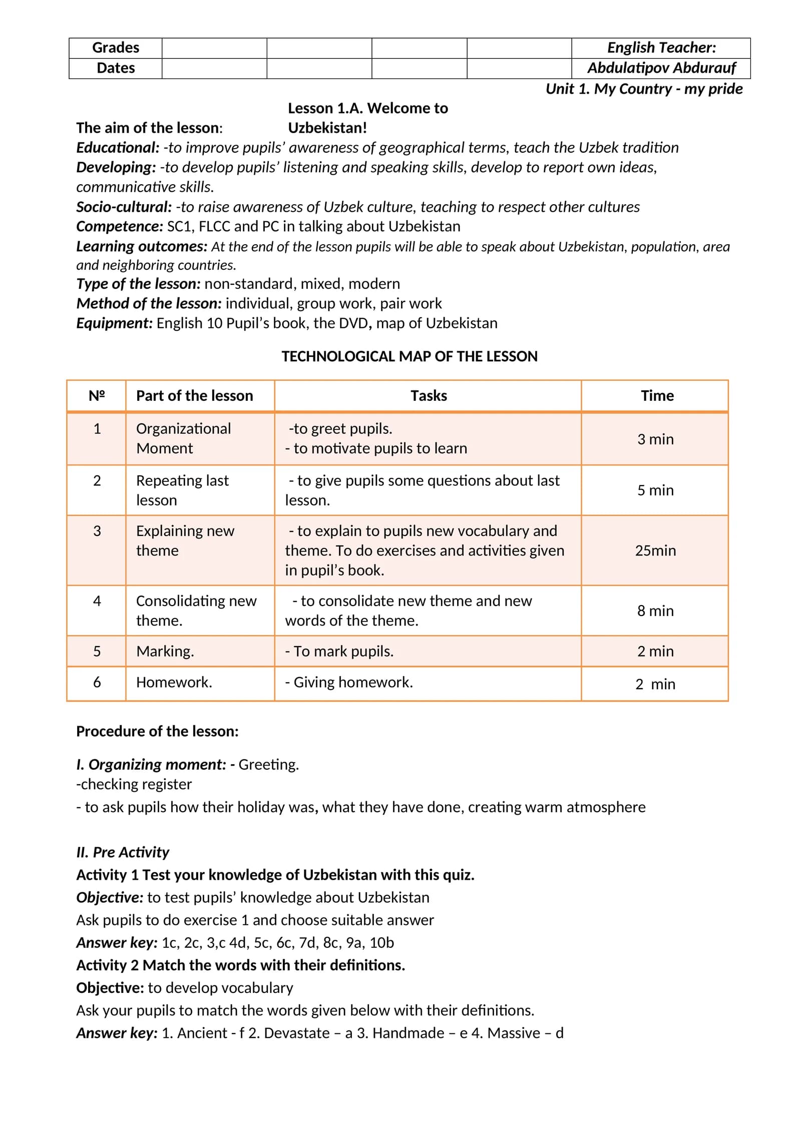 Ingliz tili 10-sinf konspekt