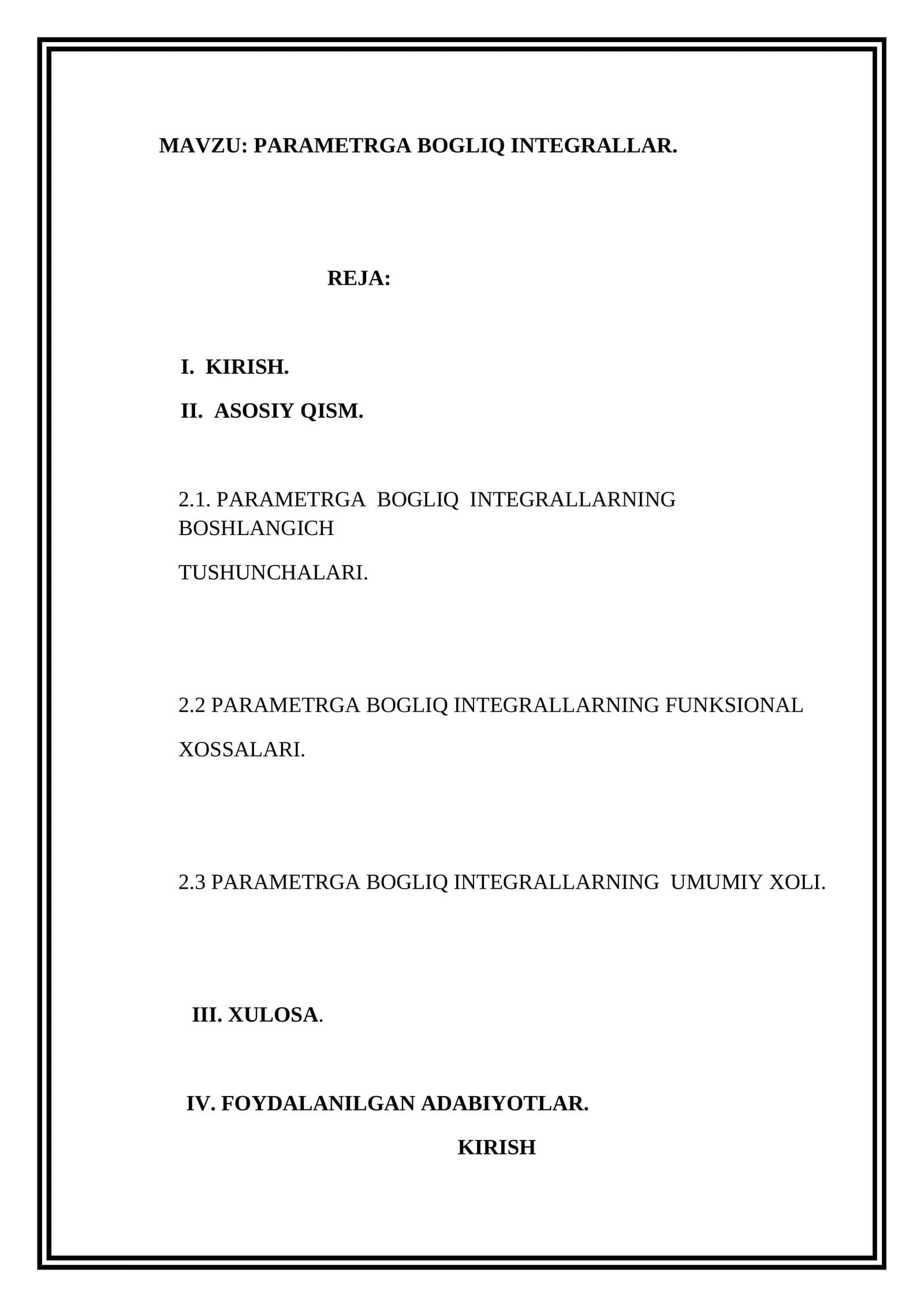PARAMETRGA BOG’LIQ INTEGRALLAR