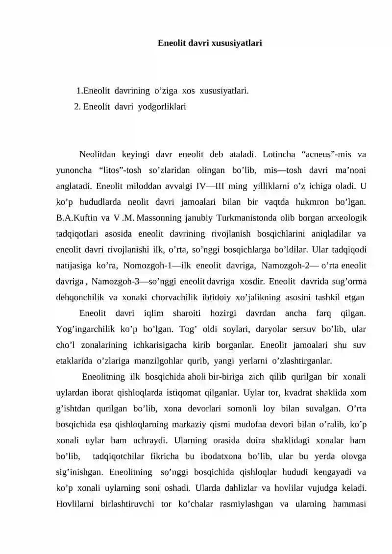 Eneolit davri xususiyatlari