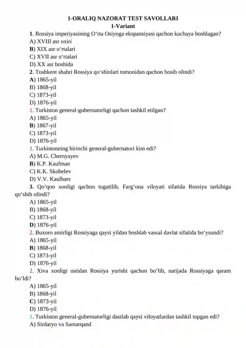 ORALIQ NAZORAT TEST SAVOLLARI
