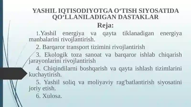 YASHIL IQTISODIYOTGA O‘TISH SIYOSATIDA QO‘LLANILADIGAN DASTAKLAR