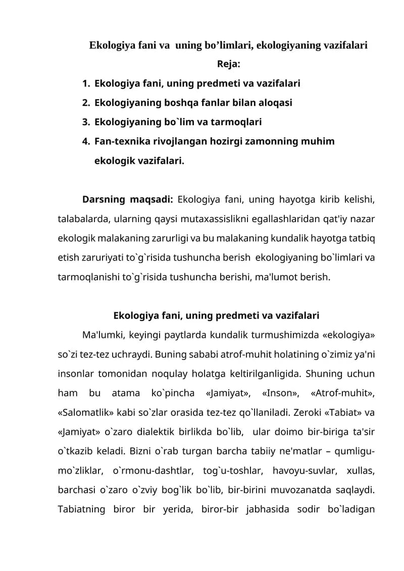 Ekologiya fani va uning bo’limlari