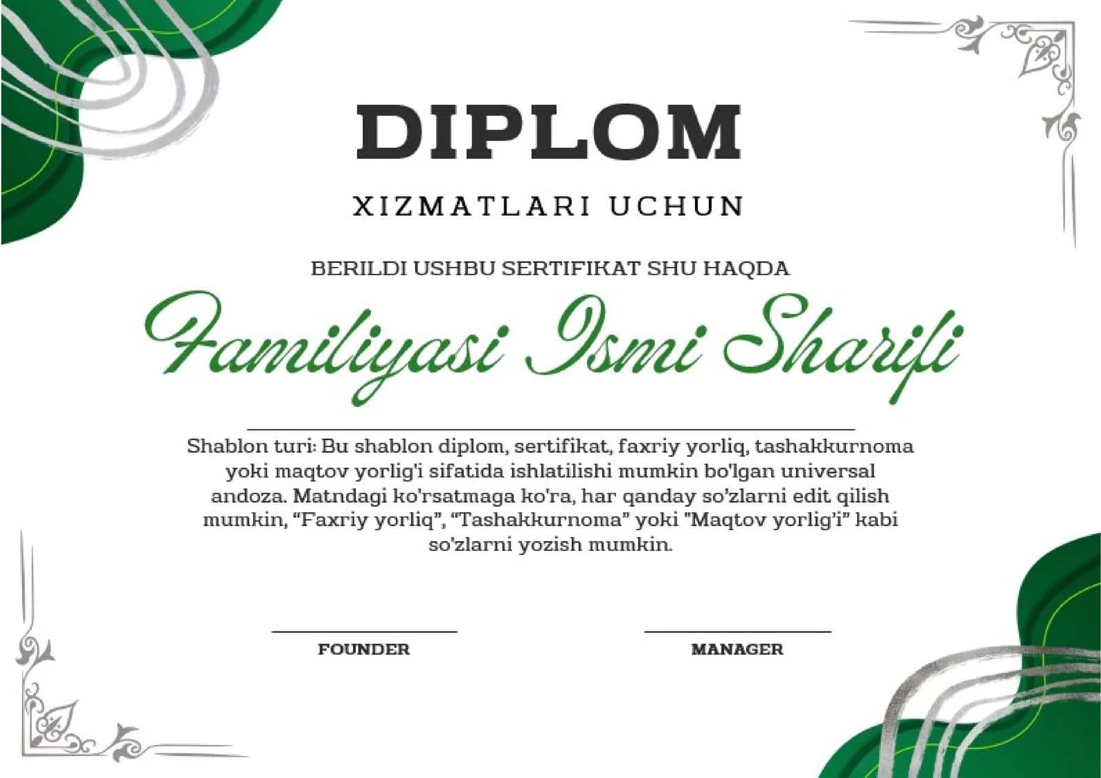 Shablon diplom, sertifikat, faxriy yorliq, tashakkurnoma yoki maqtov yorlig'i