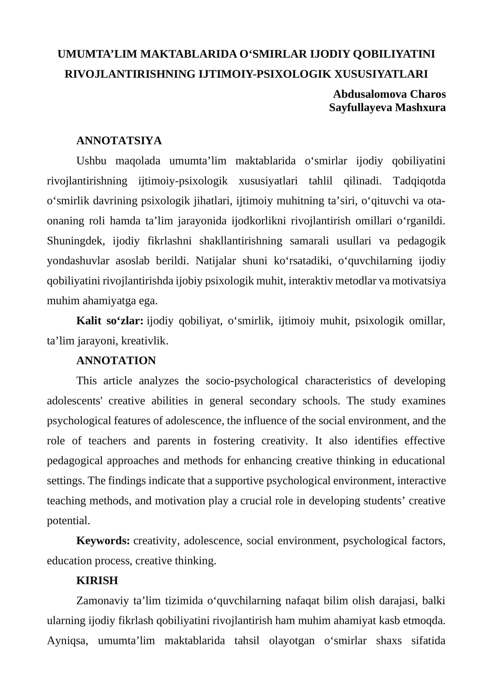 UMUMTA’LIM MAKTABLARIDA O‘SMIRLAR IJODIY QOBILIYATINI RIVOJLANTIRISHNING IJTIMOIY-PSIXOLOGIK XUSUSIYATLARI