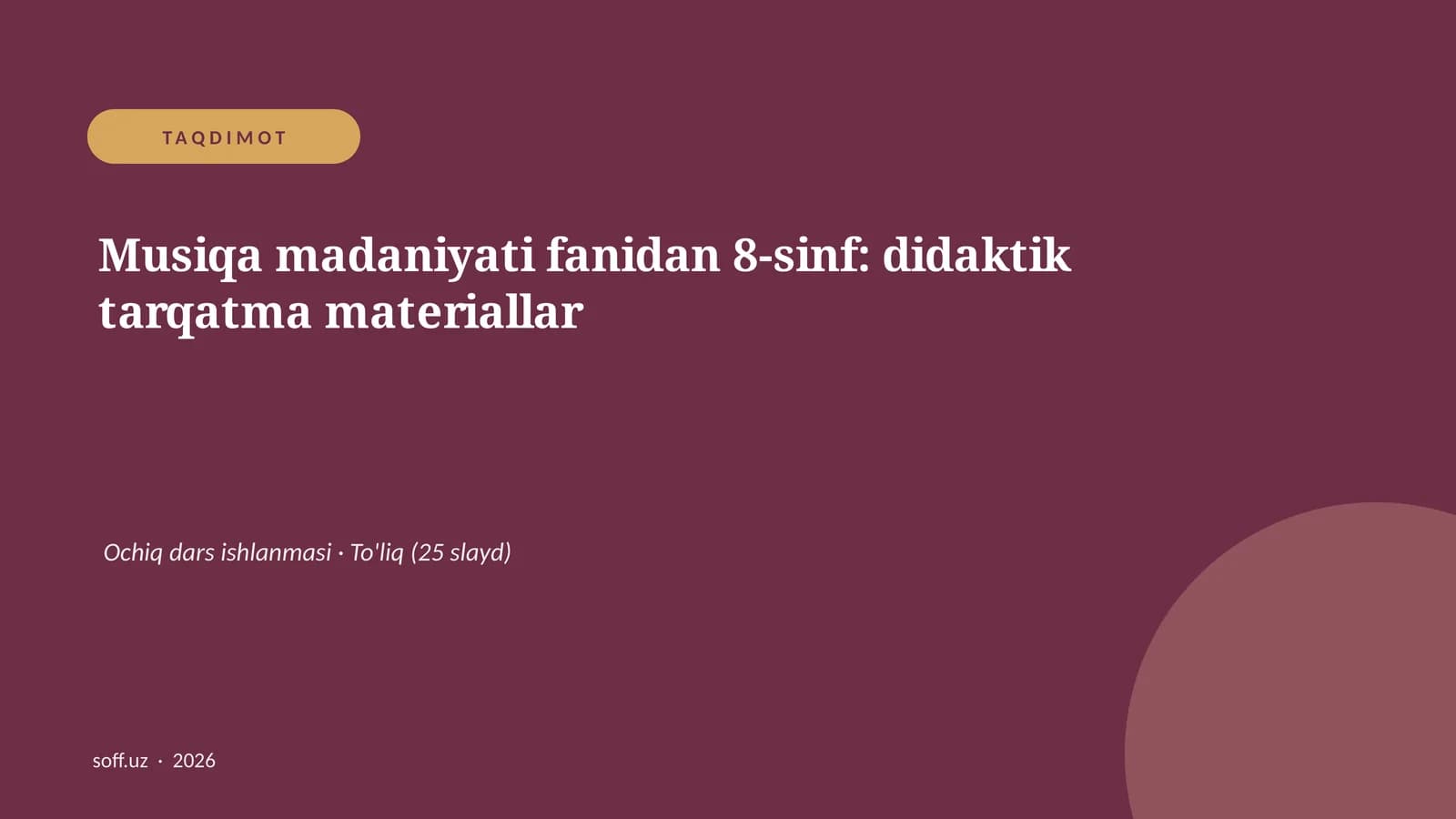 Musiqa madaniyati fanidan 8-sinf: didaktik tarqatma materiallar