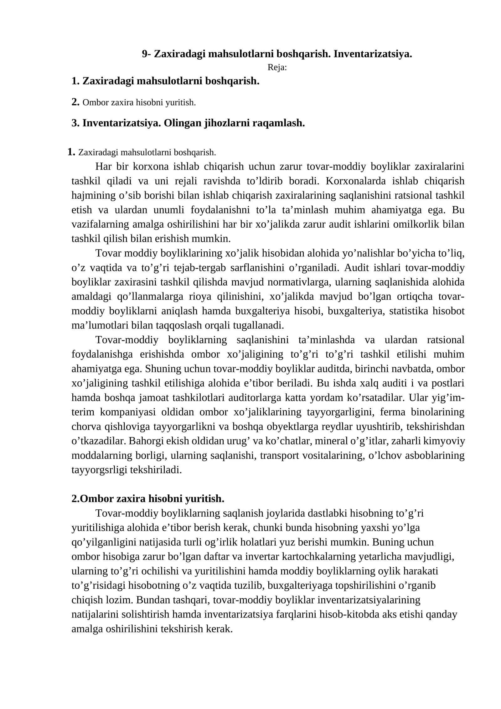 Zaxiradagi mahsulotlarni boshqarish. Inventarizatsiya