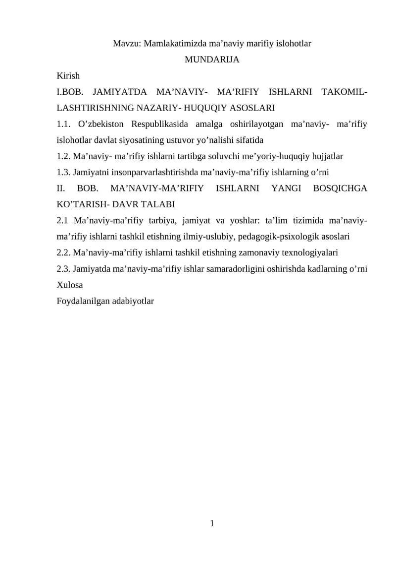 Mamlakatimizda ma’naviy marifiy islohotlar