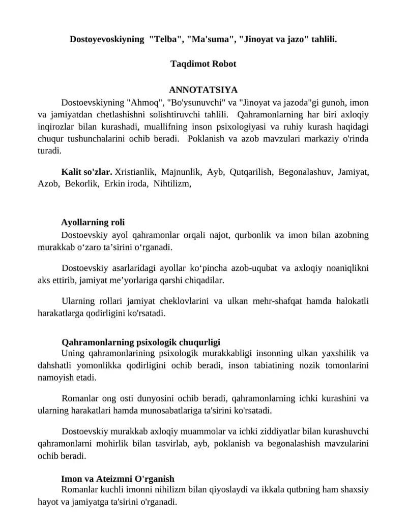 Dostoyevoskiyning "Telba", "Ma'suma", "Jinoyat va jazo" tahlili