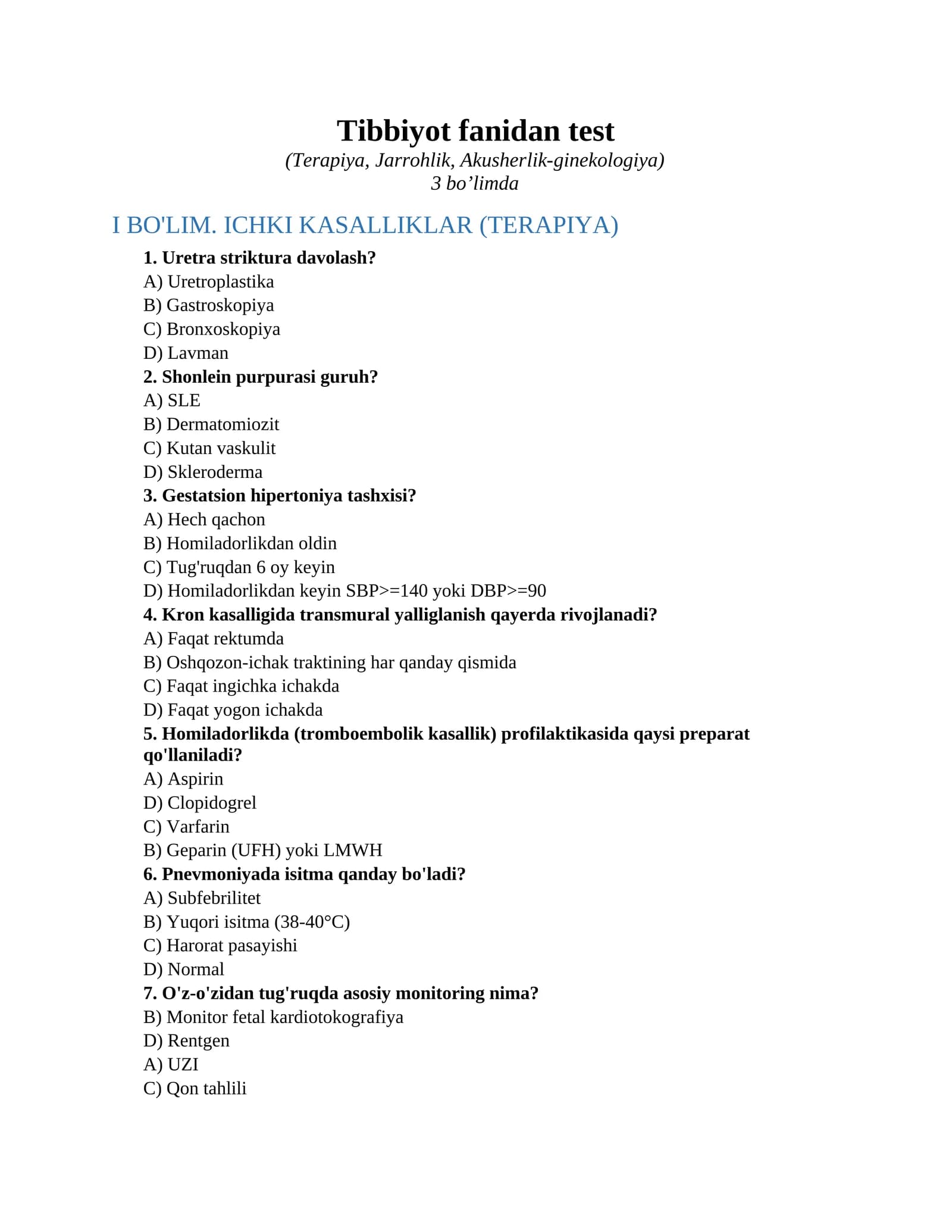 Tibbiyot fanidan test
