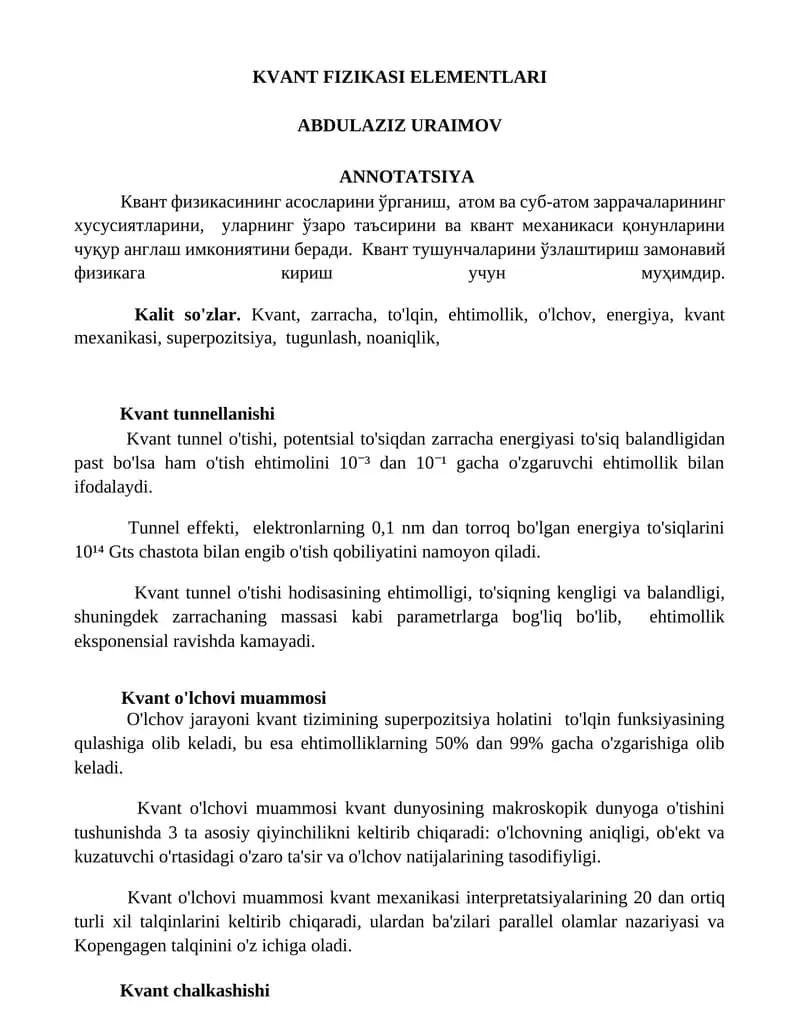 KVANT FIZIKASI ELEMENTLARI
