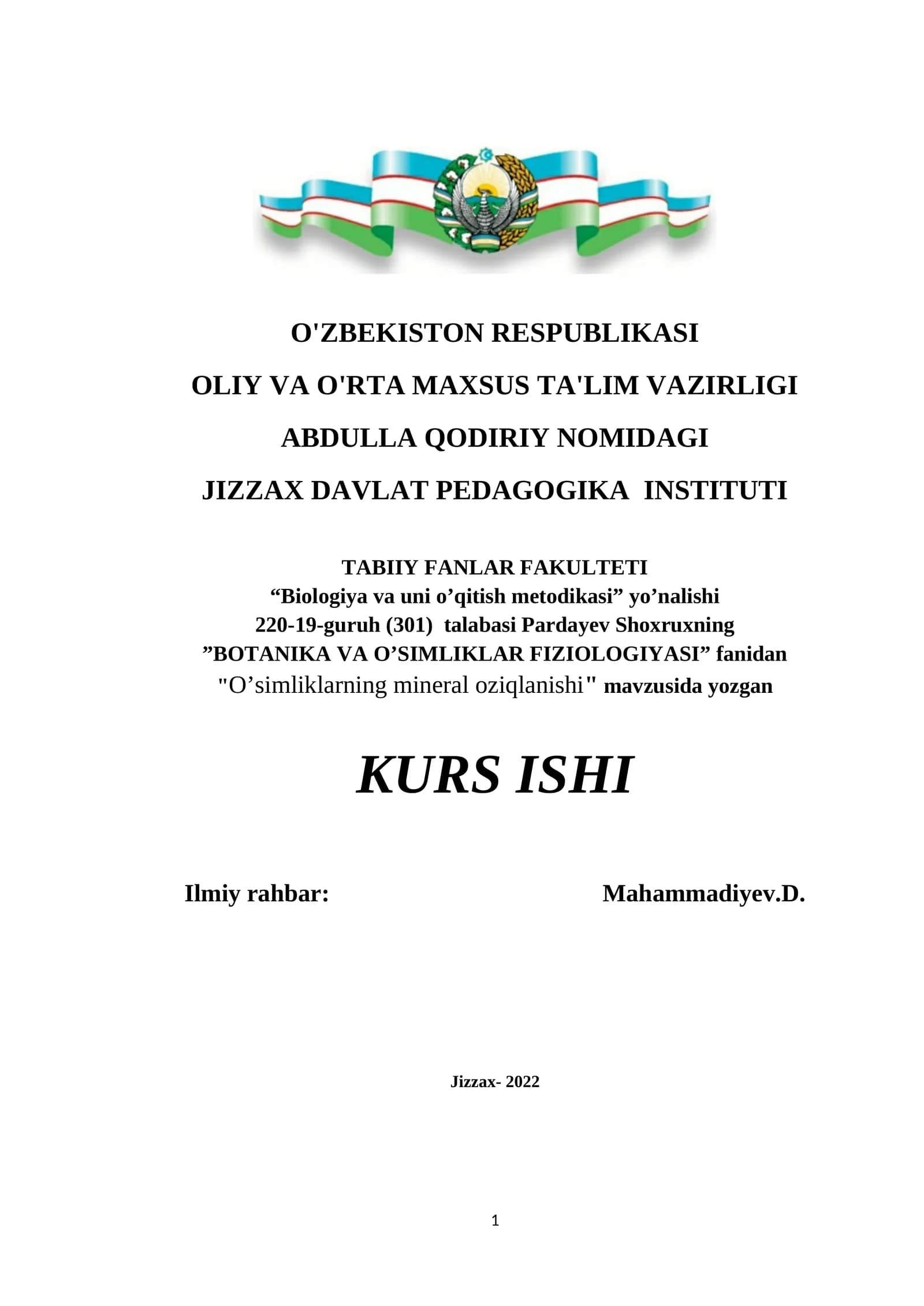 BOTANIKA VA O’SIMLIKLAR FIZIOLOGIYASI kurs ishi