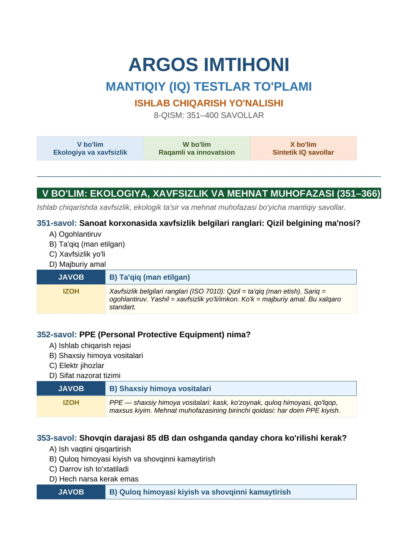 ARGOS IMTIHONI MANTIQIY (IQ) TESTLAR TO'PLAMI