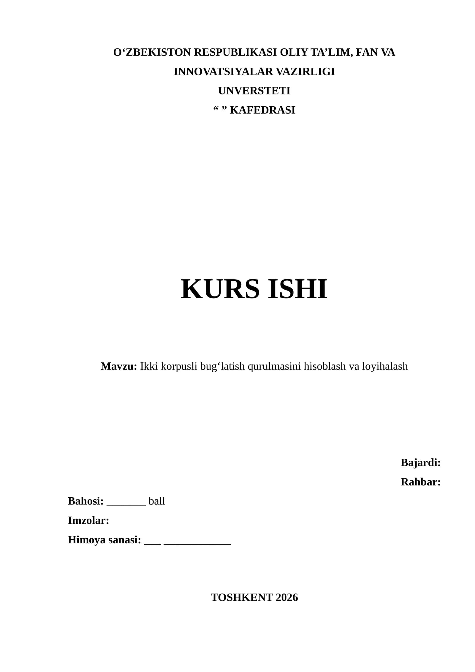 Ikki korpusli bugʻlatish qurulmasini hisoblash va loyihalash
